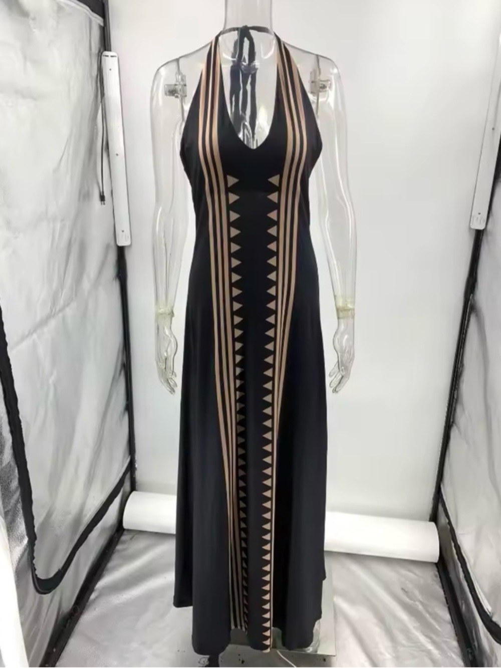 Black Halter Maxi Dress with Taupe Geometric Stripe